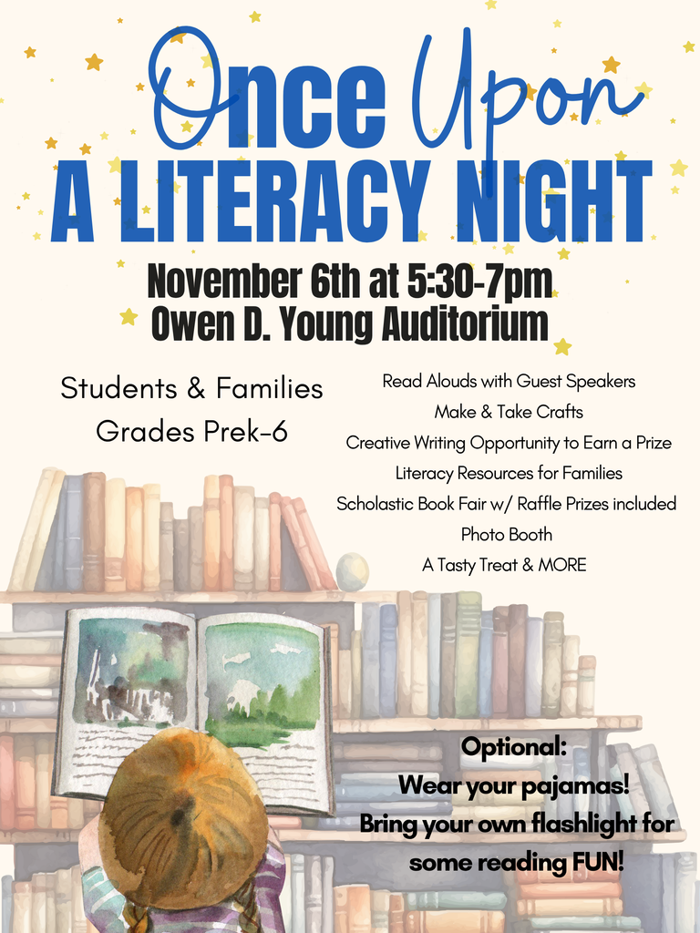 Once Upon a Literacy Night flier illustration of child reading in front of a book shelf.