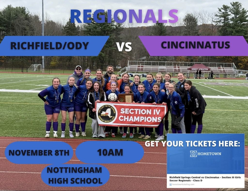 Soccer regionals flyer with team standing on field holding a banner and ticket purchase information