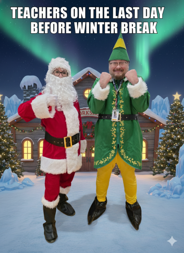 Teacher dressed in Santa costume and teacher dressed in Elf costume pose for the camera