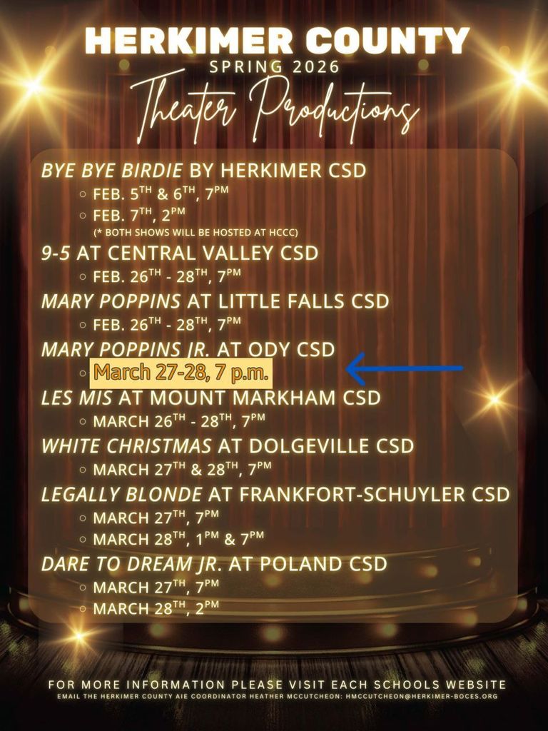 Herkimer County Spring 2026 School Theater Productions flyer 