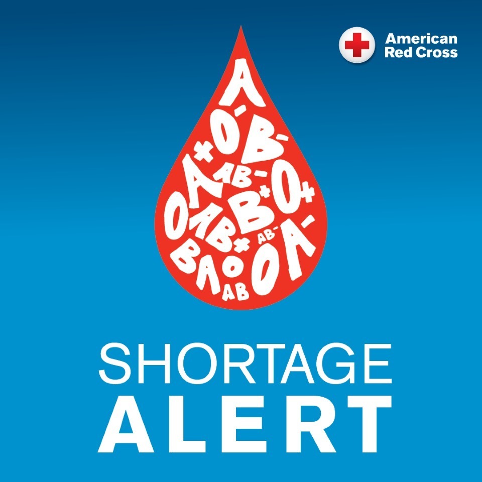 Blood Shortage alert blood drop with blood types on a blue background with American Red Cross logo