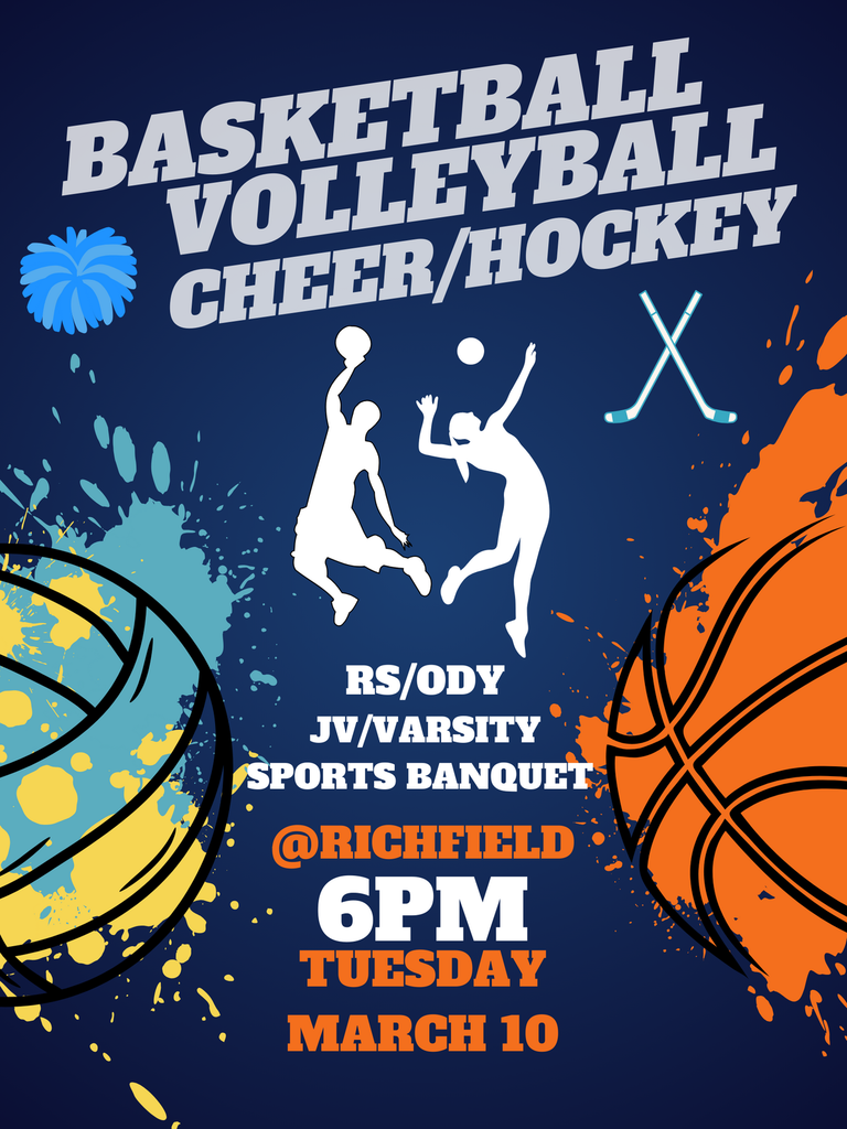 Sports banquet flyer featuring volleyball and basketball icons on a navy blue background