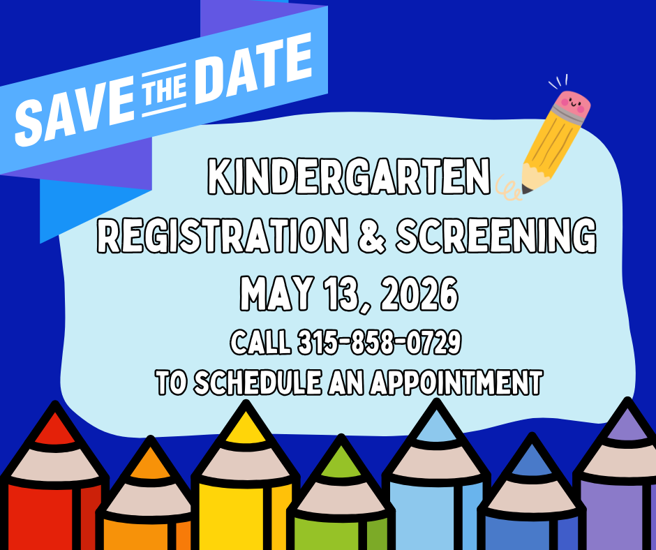 Kindergarten Registration/Screening announcement with white text on blue background