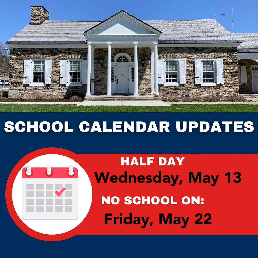 Calendar update announcement features text on a blue and red background placed below an exterior of the shool building