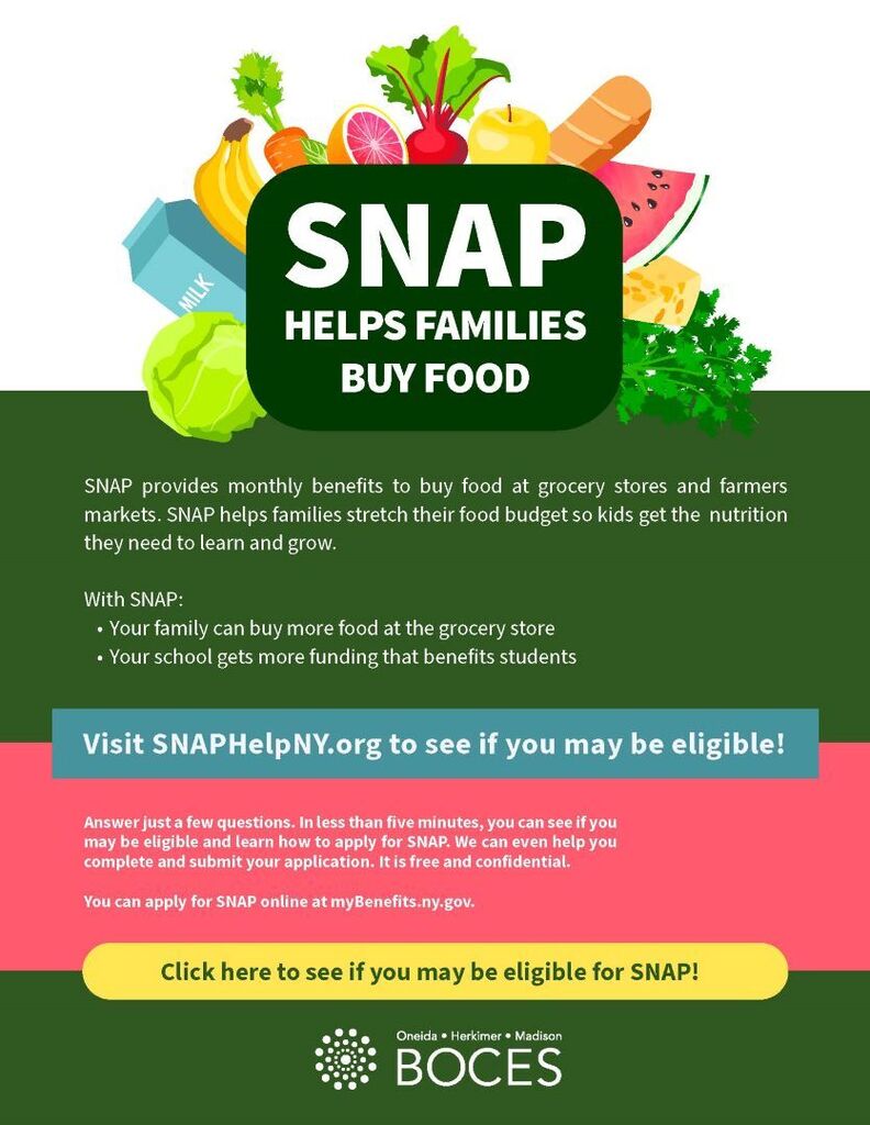 SNAP digital flyer. White text on a green background including a link to New York SNAP benefits website