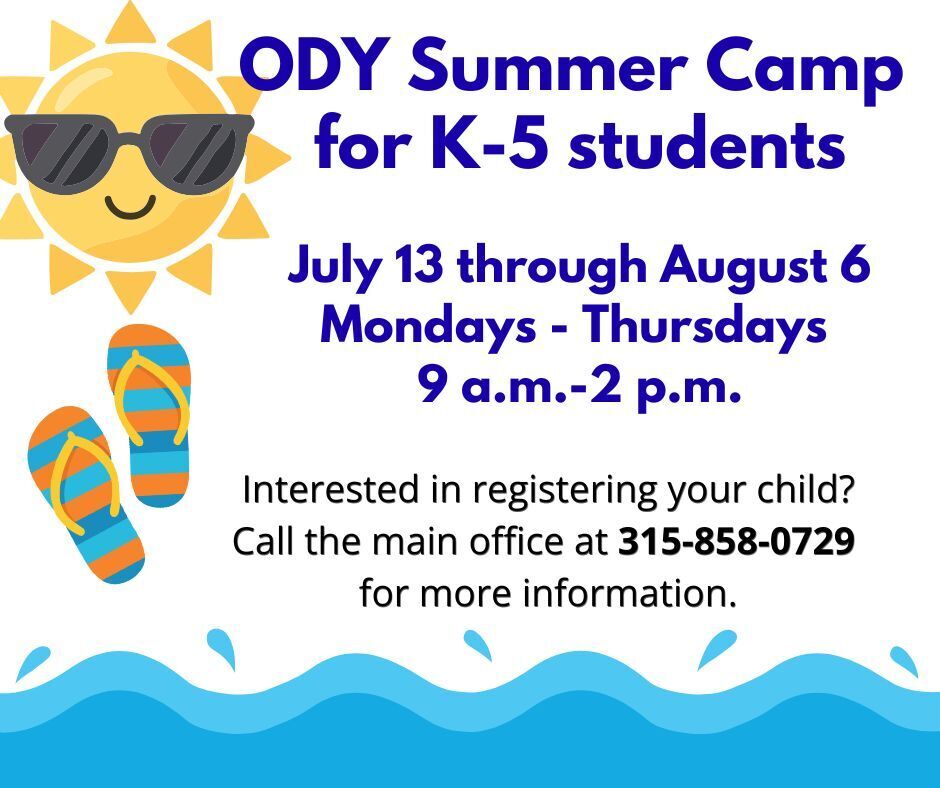 Summer camp flyer white background with smiling sun and flip flops