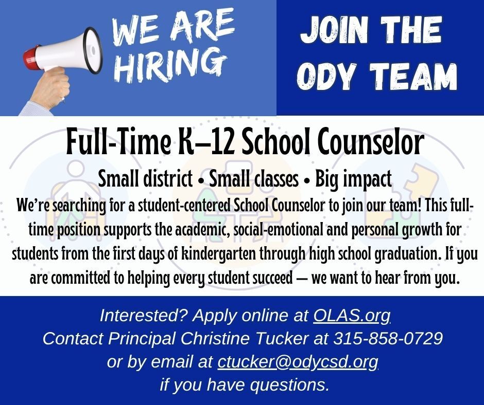 We Are Hiring announcement for School Counselor. Blue ad white background with black text
