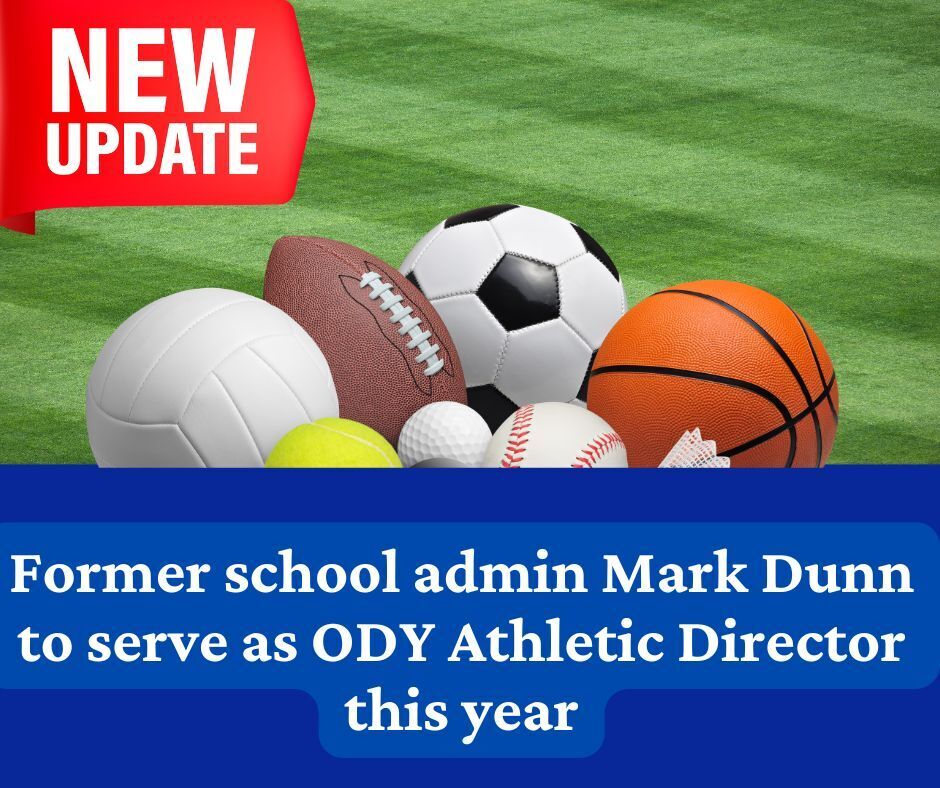 Announcement about athletic director on a background featuring one of each: volleyball, soccer ball, basketball, softball and baseball on a turf field