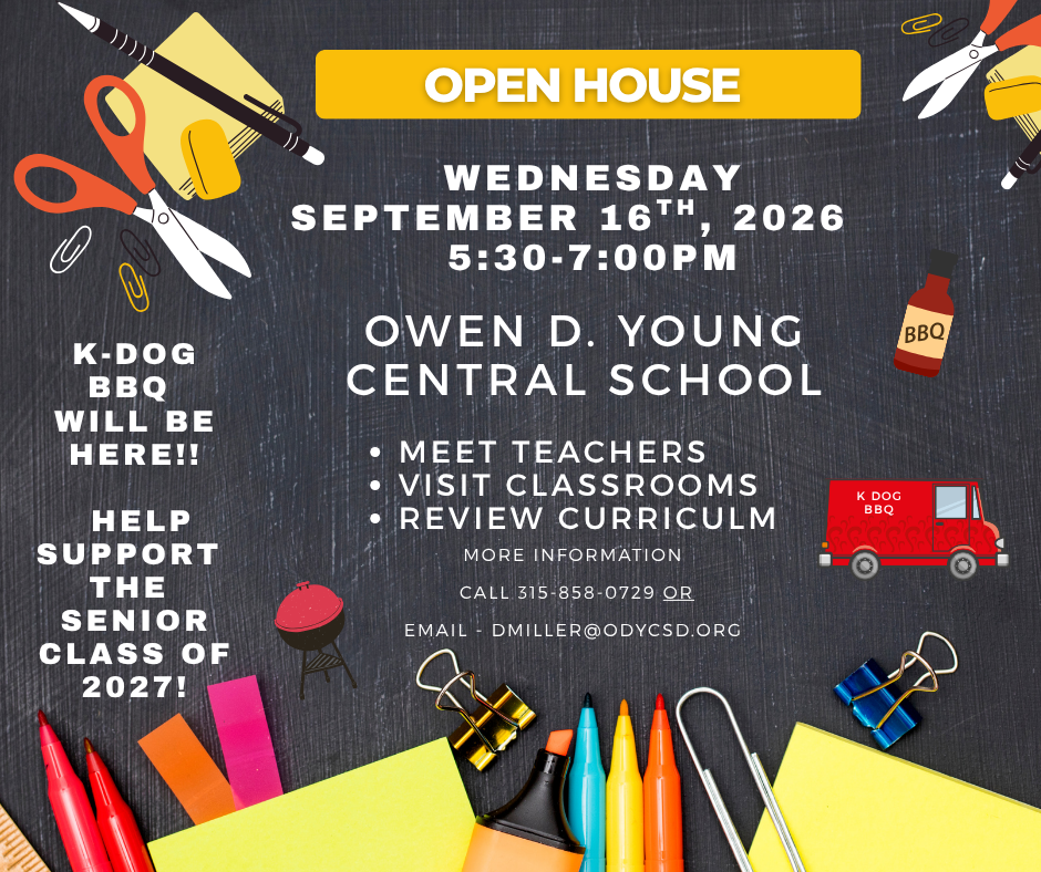 Open House flyer features a chalkboard background with details about the September 16 event