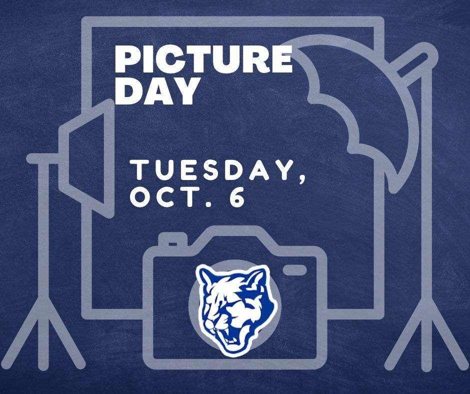 School picture day reminder blue background with picture icons and Wildcats logo