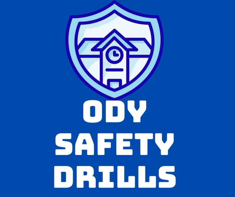 ODY Safety Drills white typeface on blue background