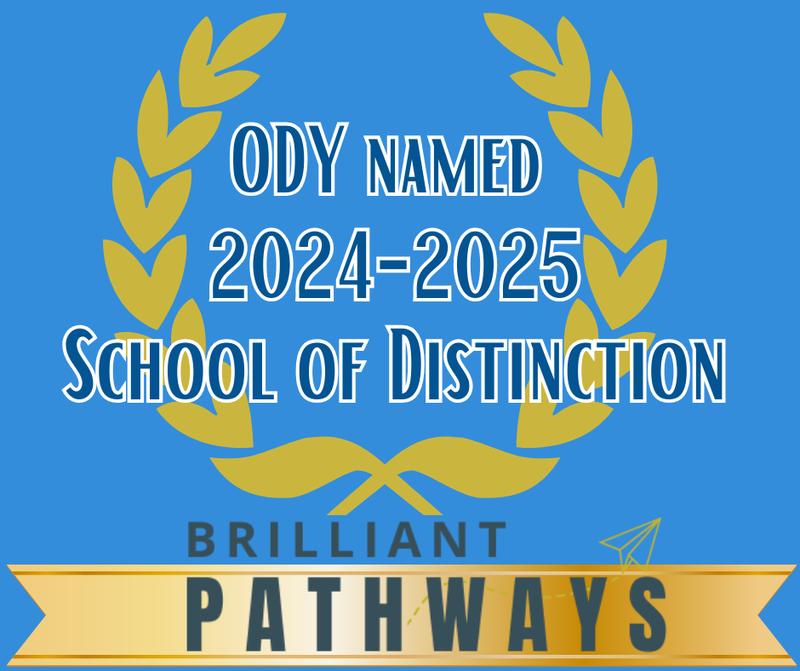brilliant pathways logo inside gold ribbon with school of distinction text above and centered in gold laurel leaves
