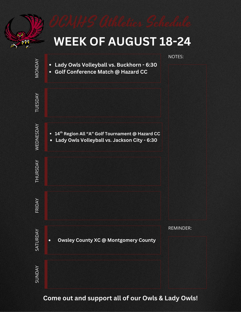 OCMHS Weekly Schedule - 8.18.25