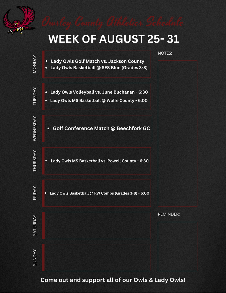 OC Athletics Weekly Schedule - 8.25.25