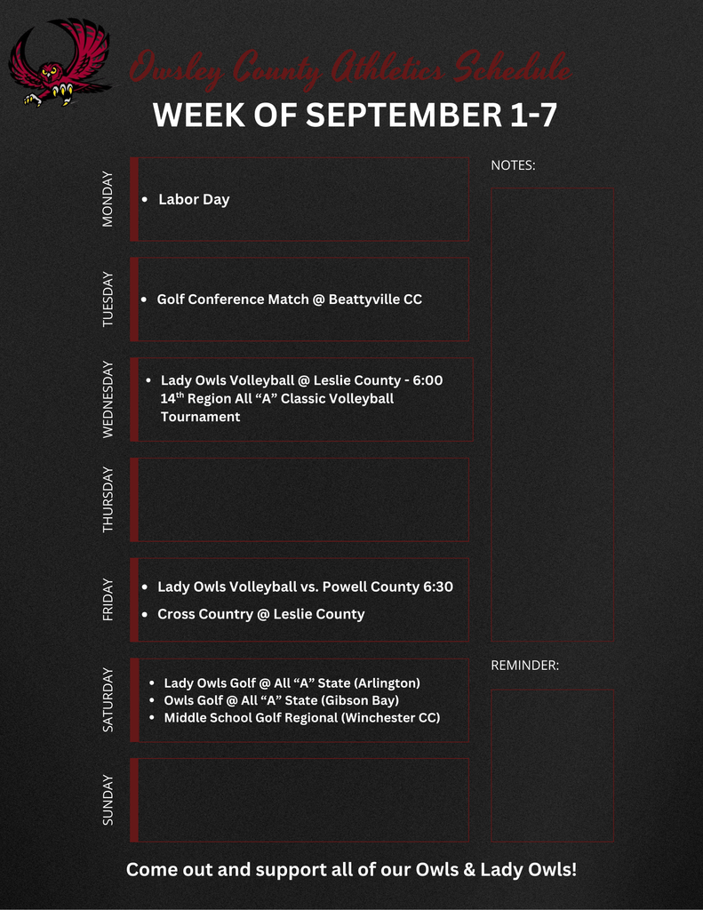 OC Athletics Weekly Schedule - 9.1.25