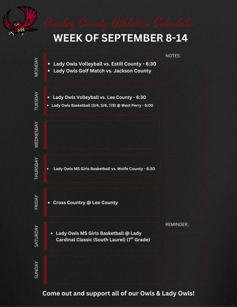 OC Athletics Weekly Schedule - 9.8.25