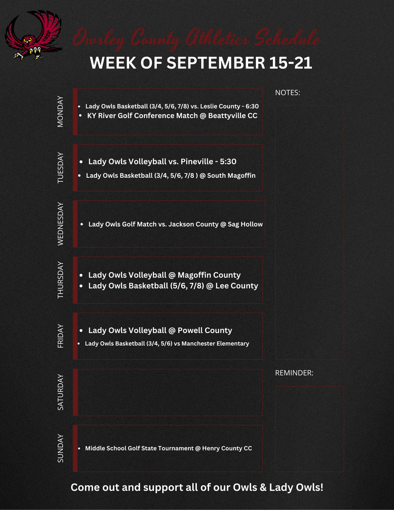 OC Athletics Weekly Schedule - 9.15.25