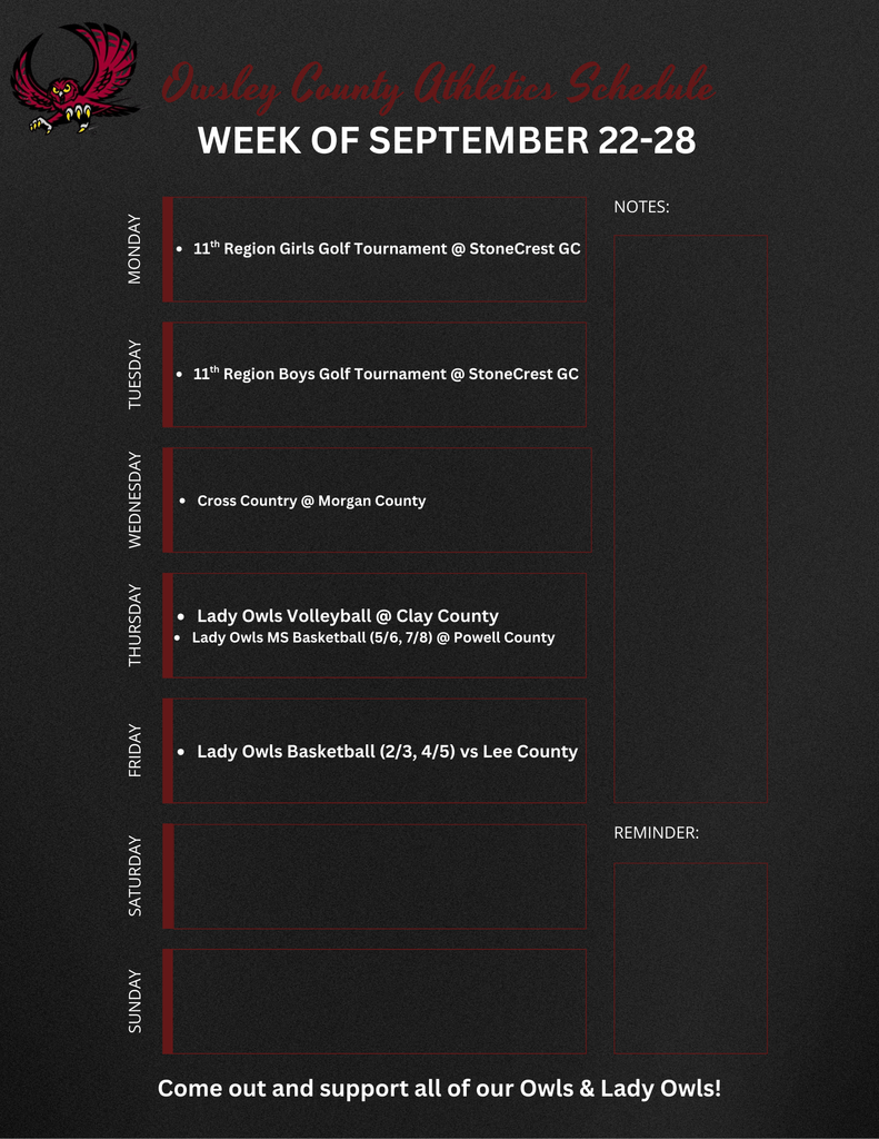 OC Athletics Weekly Schedule - 9.22.25