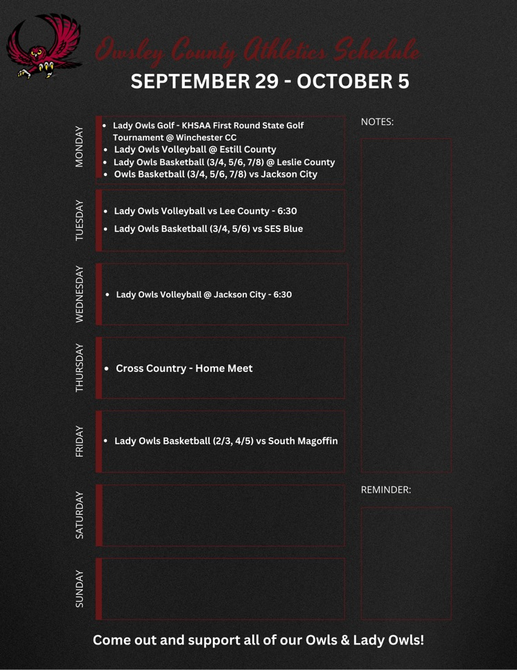 OC Athletics Weekly Schedule 9.29.25