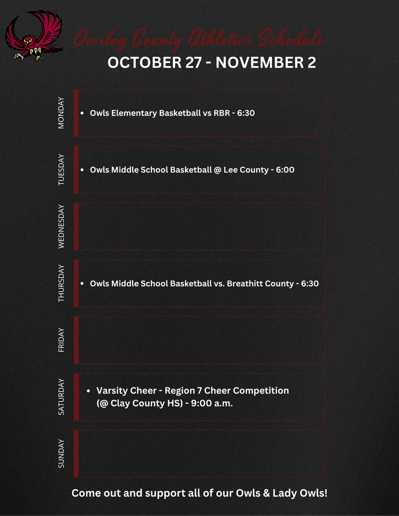 OC Athletics Weekly Schedule - 10.27.25