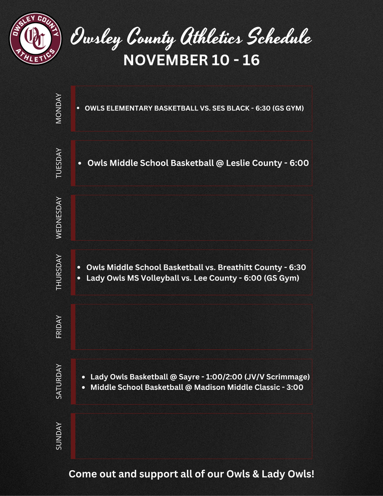 OC Athletics Weekly Schedule - 11.10.25