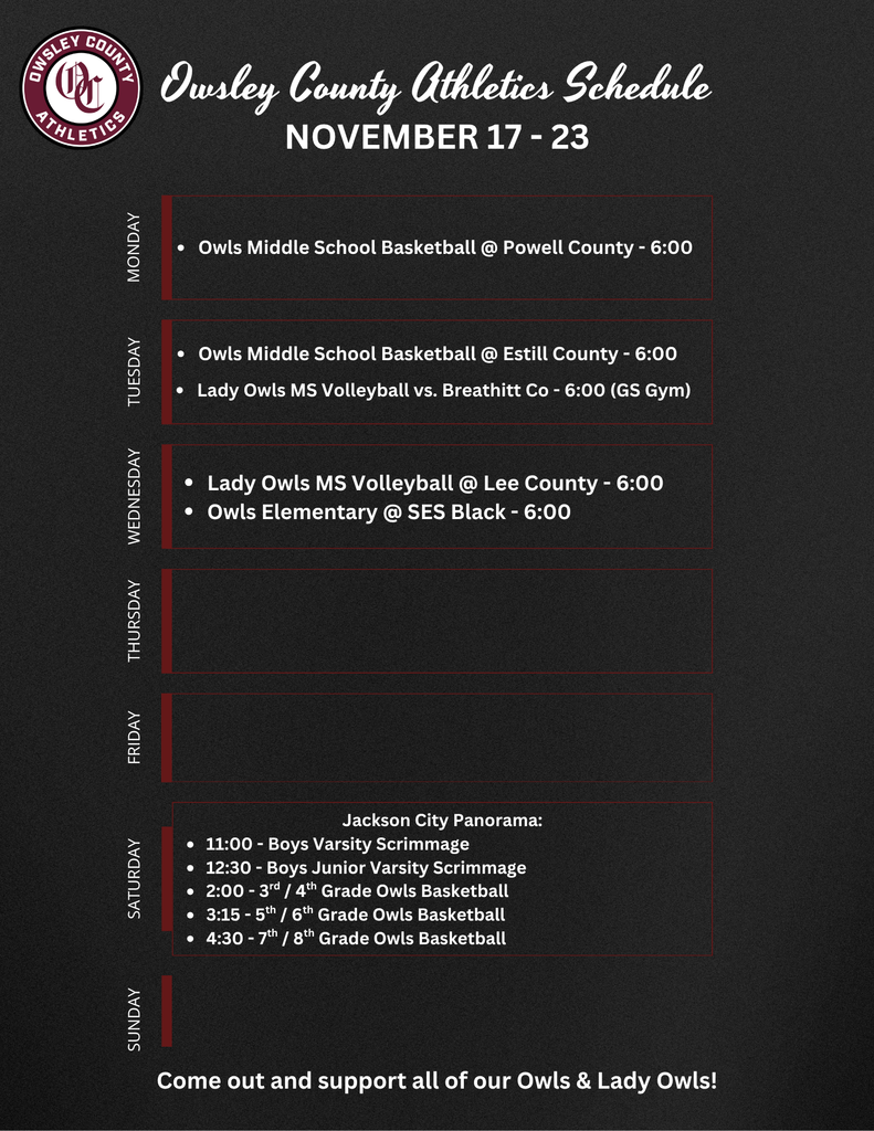 OC Athletics Weekly Schedule - 11.17.25