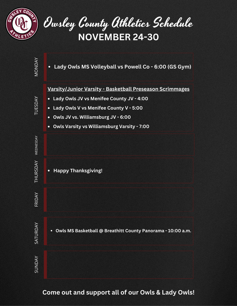 OC Athletics Weekly Schedule - 11.24.25