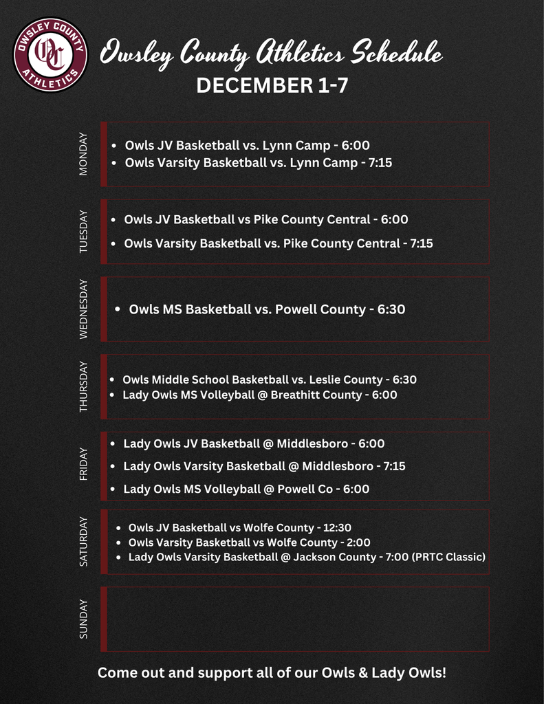 OC Athletics Weekly Schedule - 12.1.25