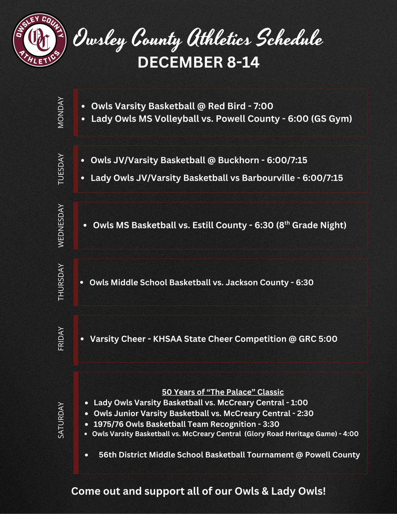 OC Athletics Weekly Schedule - 12.8.25