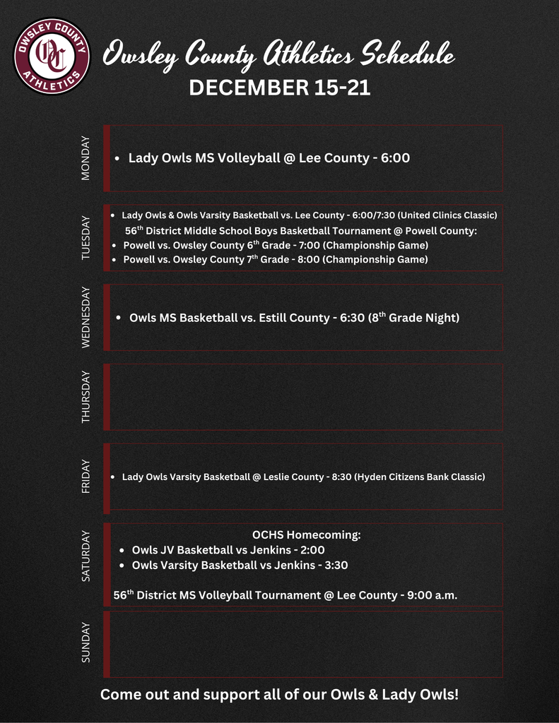 OC Athletics Weekly Schedule - 12.15.25