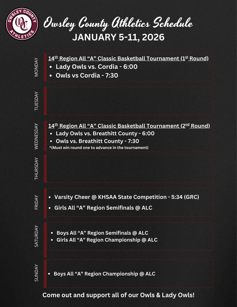 OC Athletics Weekly Schedule - 1.5.26