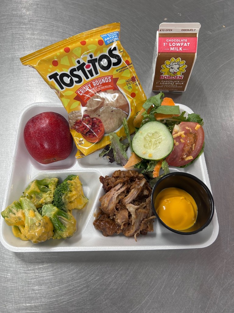 BBQ Pork Nachos with Salad, Fresh Steamed Broccoli - served with Choice of Fresh Fruit and Milk