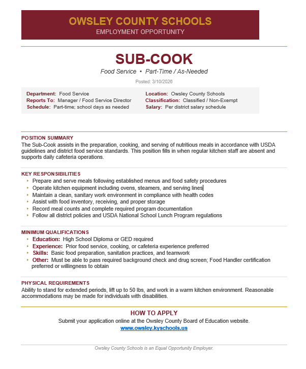 Substitute Cook Position Posting