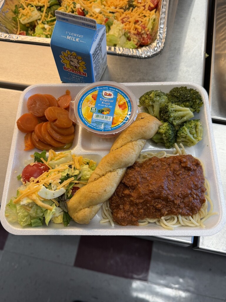 Spaghetti with Breadstick, Broccoli, Cooked Carrots, Side Salad, Fruit Cup, Milk