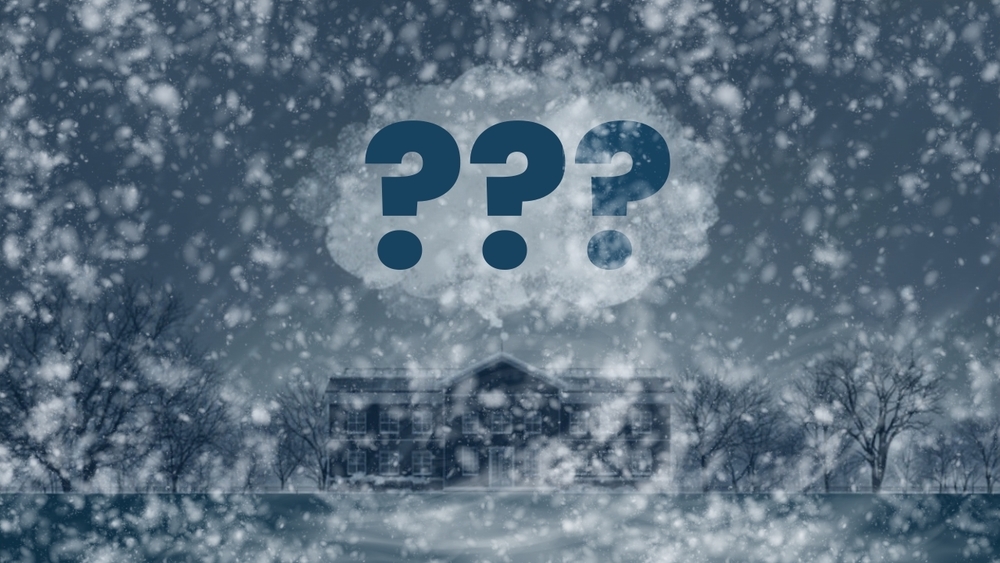 Snowstorm image with question marks over a school building