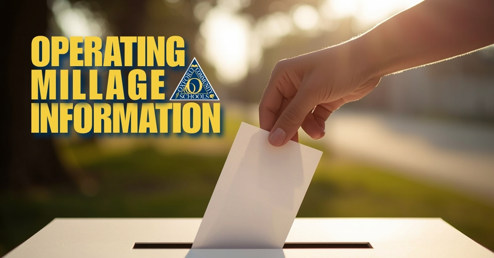 Operating Millage Information with OCS Logo, image depicts a hand placing an envelope into the slit in the top of a box