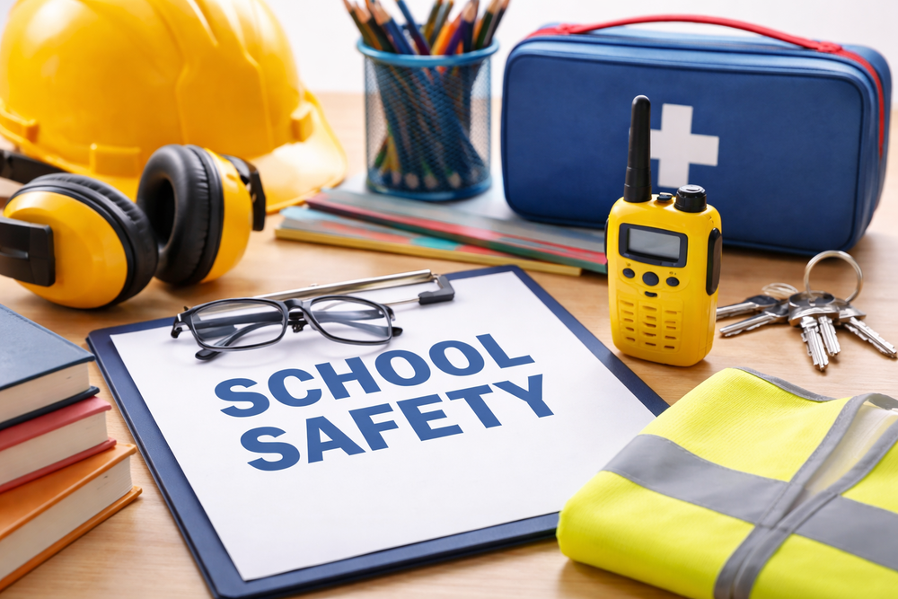 Image of a clipboard that says "School Safety" along with various safety-related items on a desk