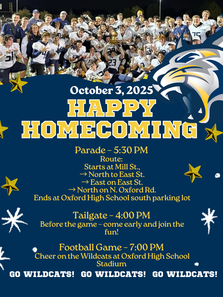 October 3, 2025. Happy Homecoming. Parade 5:30. Tailgate 4:00. Football Game 7:00. 
