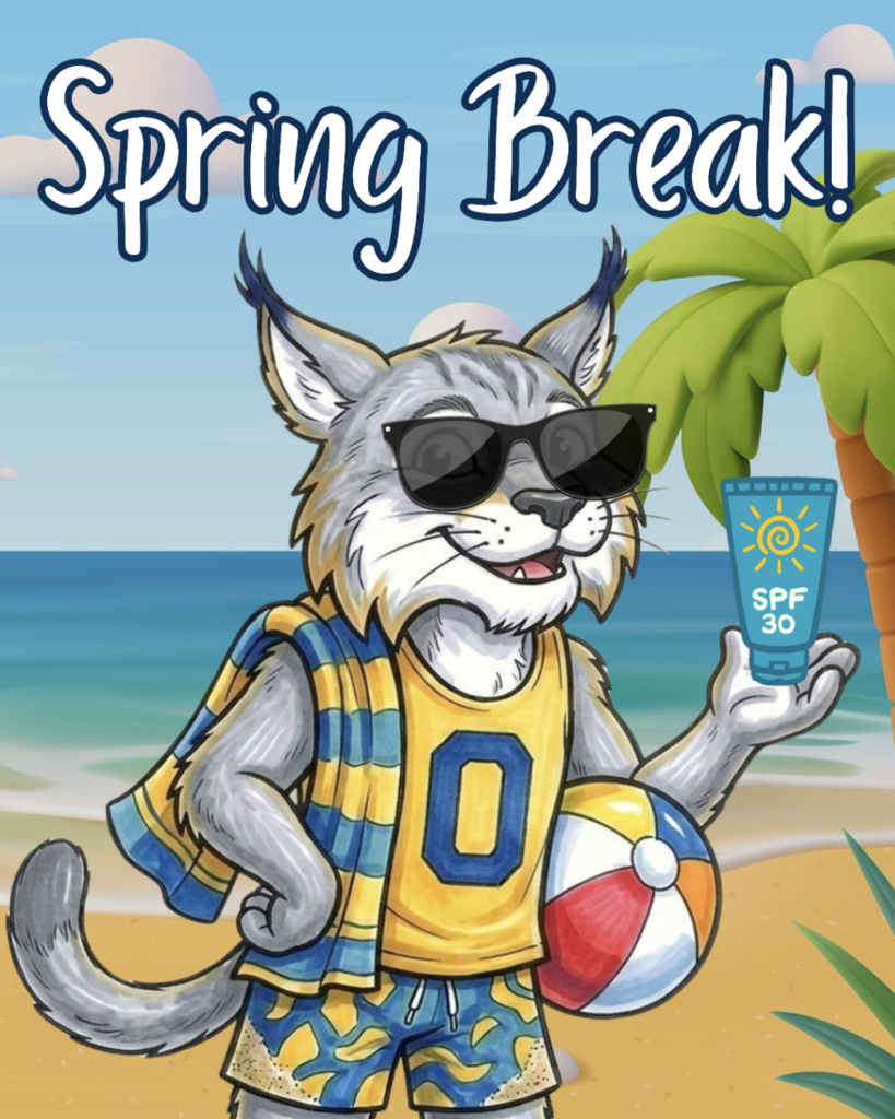 Spring Break! Wildcat holding sunscreen and a beach ball. 