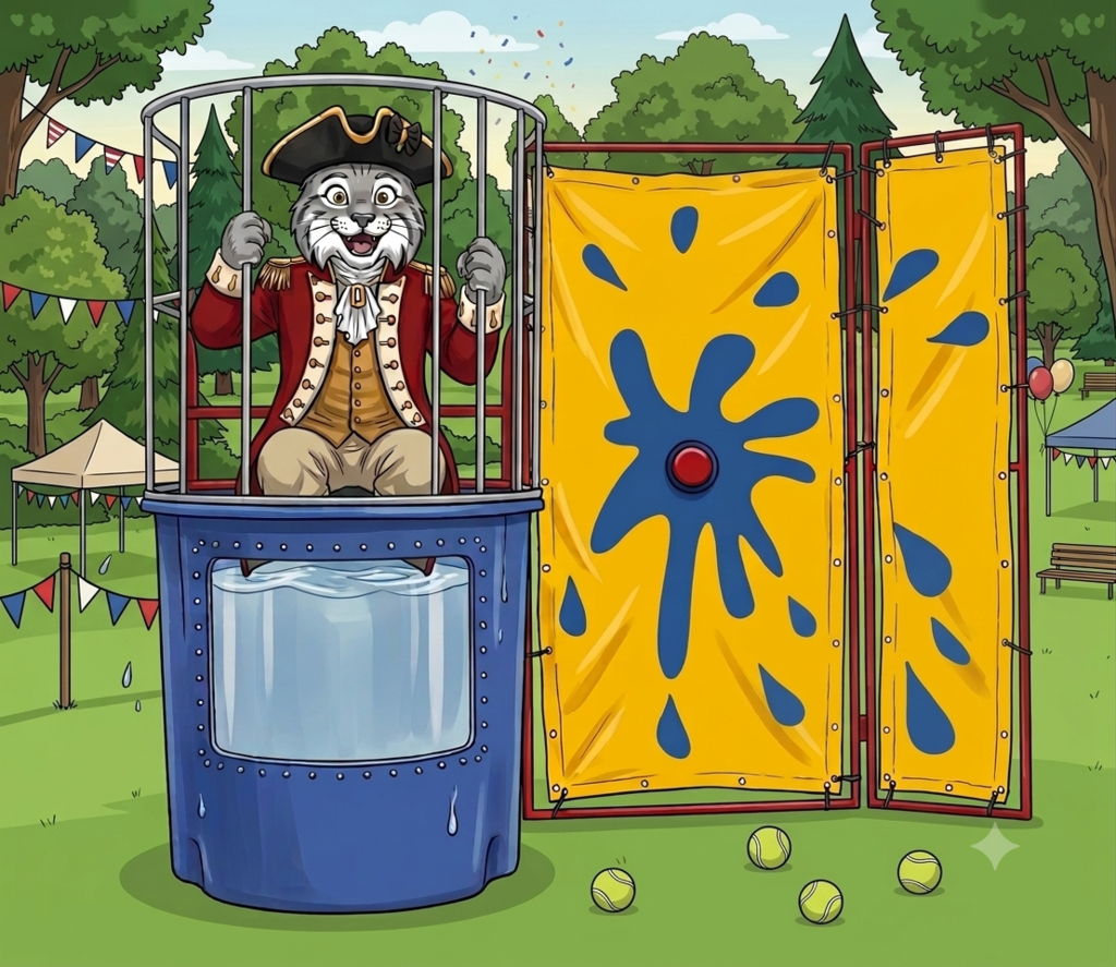 Image depicting a cartoon wildcat in a redcoat in a dunk tank