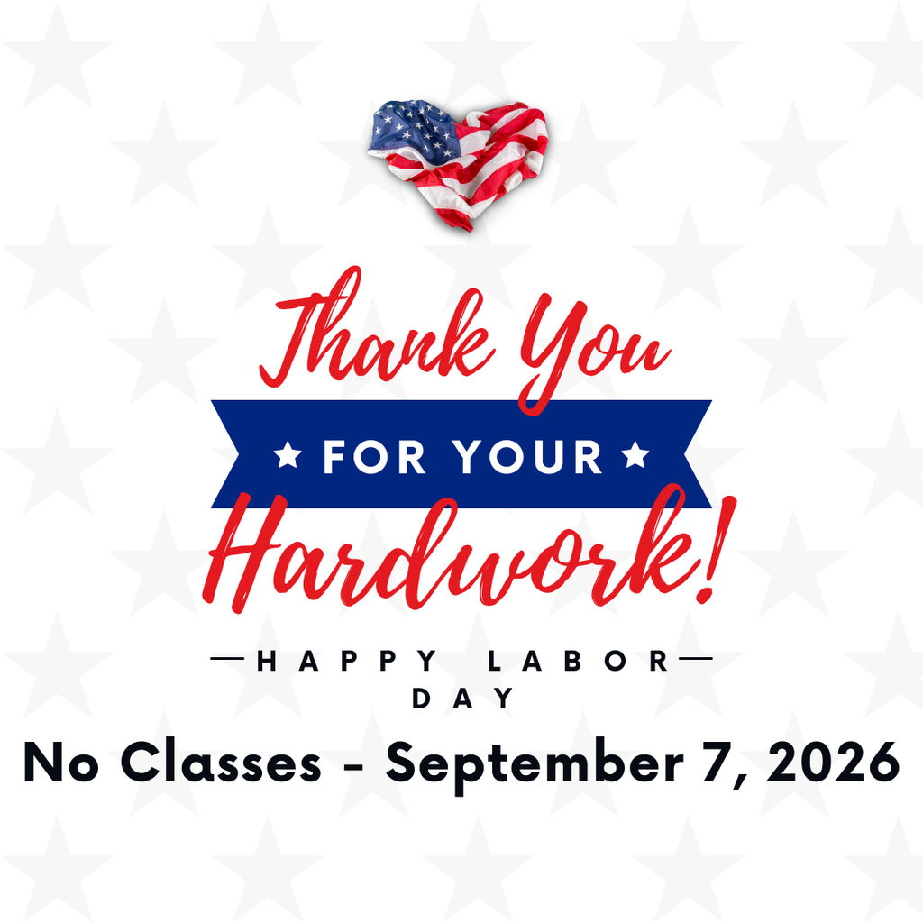 Patriotic Labor Day appreciation graphic with a light gray background and subtle star pattern. At the top is a heart-shaped American flag. Bold red script and blue banner text reads: “Thank You For Your Hard Work!” Below, smaller text reads: “Happy Labor Day” and “No Classes – September 7, 2026.” Design features red, white, and blue colors symbolizing U.S. pride and worker appreciation.