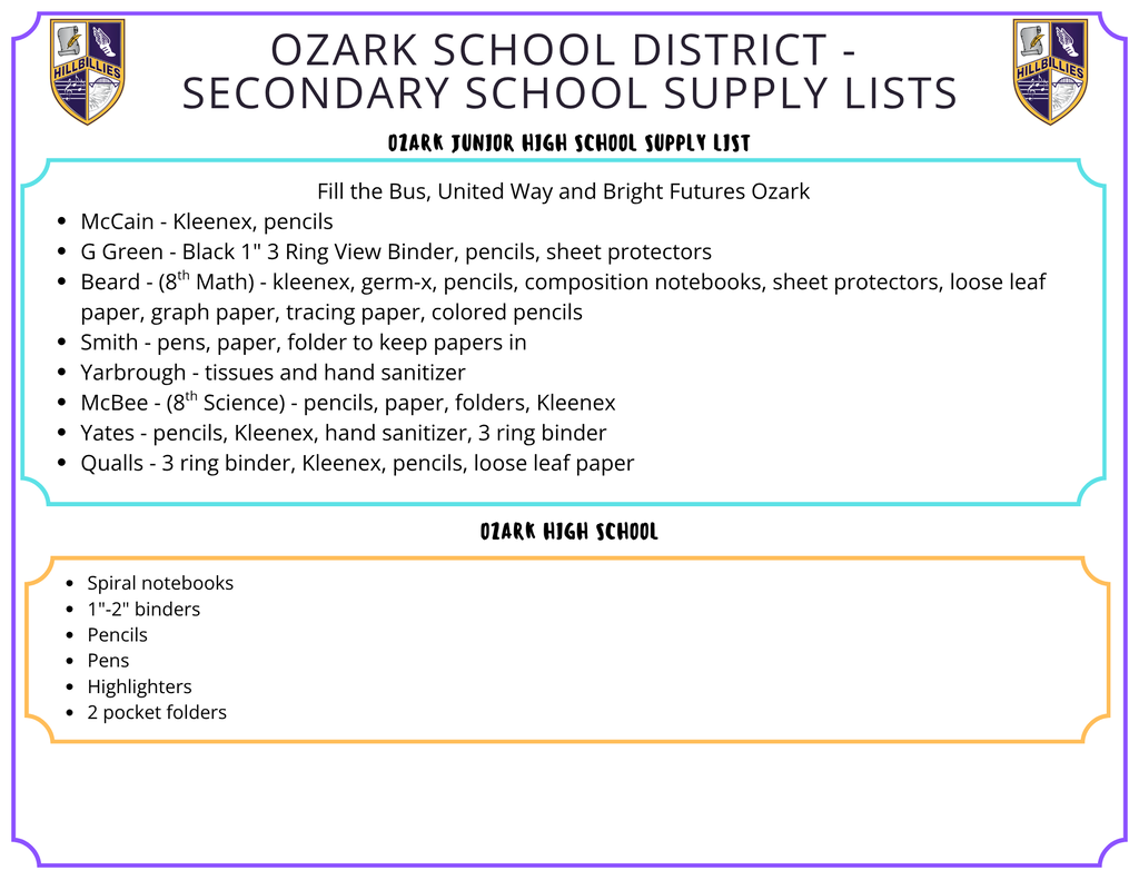 Poster titled “Ozark School District – Secondary School Supply Lists” with school crest logos labeled “Hillbillies” in the top corners. The layout is divided into two sections: “Ozark Junior High School Supply List” and “Ozark High School.” The junior high section includes a heading “Fill the Bus, United Way and Bright Futures Ozark” followed by teacher-specific supply lists: McCain (Kleenex, pencils); G Green (black 1-inch 3-ring binder, pencils, sheet protectors); Beard (8th Math: Kleenex, Germ-X, pencils, composition notebooks, sheet protectors, loose leaf paper, graph paper, tracing paper, colored pencils); Smith (pens, paper, folder); Yarbrough (tissues, hand sanitizer); McBee (8th Science: pencils, paper, folders, Kleenex); Yates (pencils, Kleenex, hand sanitizer, 3-ring binder); Qualls (3-ring binder, Kleenex, pencils, loose leaf paper). The high school section lists general supplies: spiral notebooks, 1–2 inch binders, pencils, pens, highlighters, and two-pocket folders. The design uses a white background with teal and orange bordered boxes and bold black headings.