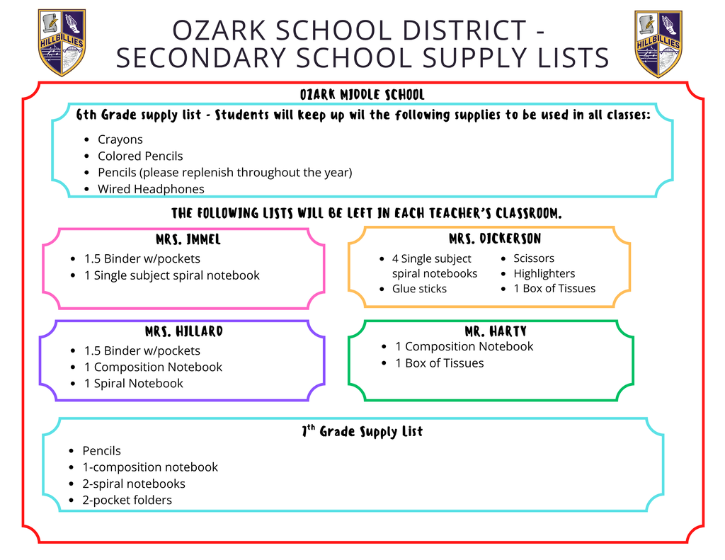 Poster titled “Ozark School District – Secondary School Supply Lists” with “Hillbillies” school logos in both top corners. Section header reads “Ozark Middle School.” The 6th grade supply list states students will keep supplies for all classes: crayons, colored pencils, pencils (replenished throughout the year), and wired headphones. A note indicates additional supplies will be left in each teacher’s classroom. Teacher-specific lists include: Mrs. Jimmel (1.5-inch binder with pockets, 1 single-subject spiral notebook); Mrs. Dickerson (4 single-subject spiral notebooks, glue sticks, scissors, highlighters, 1 box of tissues); Mrs. Hillard (1.5-inch binder with pockets, 1 composition notebook, 1 spiral notebook); Mr. Harty (1 composition notebook, 1 box of tissues). The 7th grade supply list includes pencils, 1 composition notebook, 2 spiral notebooks, and 2 pocket folders. The design features a white background with colorful bordered boxes (teal, pink, orange, purple, green) and bold black headings.