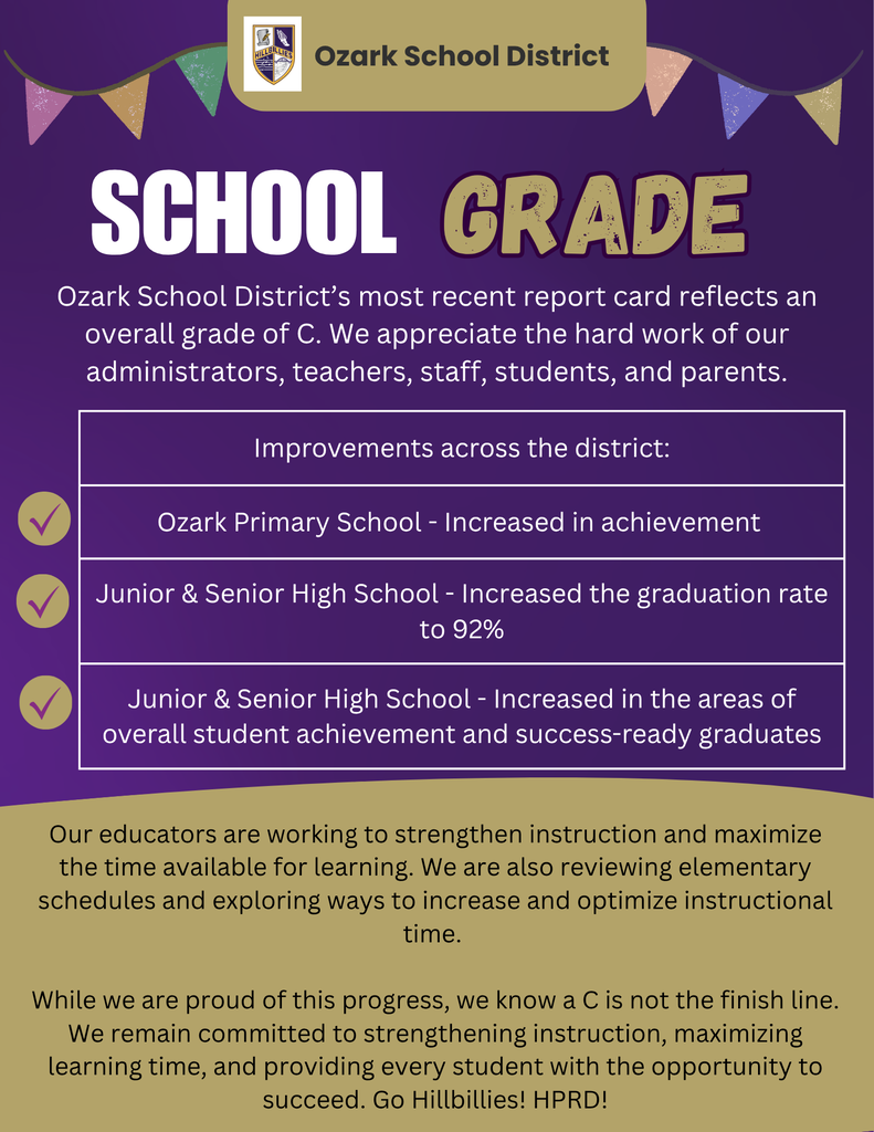 Ozark School District “School Grade” infographic showing an overall C report card, district improvements including increased achievement at Ozark Primary School, a 92% graduation rate at Junior & Senior High School, and gains in overall student achievement and success-ready graduates. The purple-and-gold design features the Ozark School District Hillbillies logo, decorative pennant banners, checkmark icons, and a message emphasizing stronger instruction, maximizing learning time, and student success.