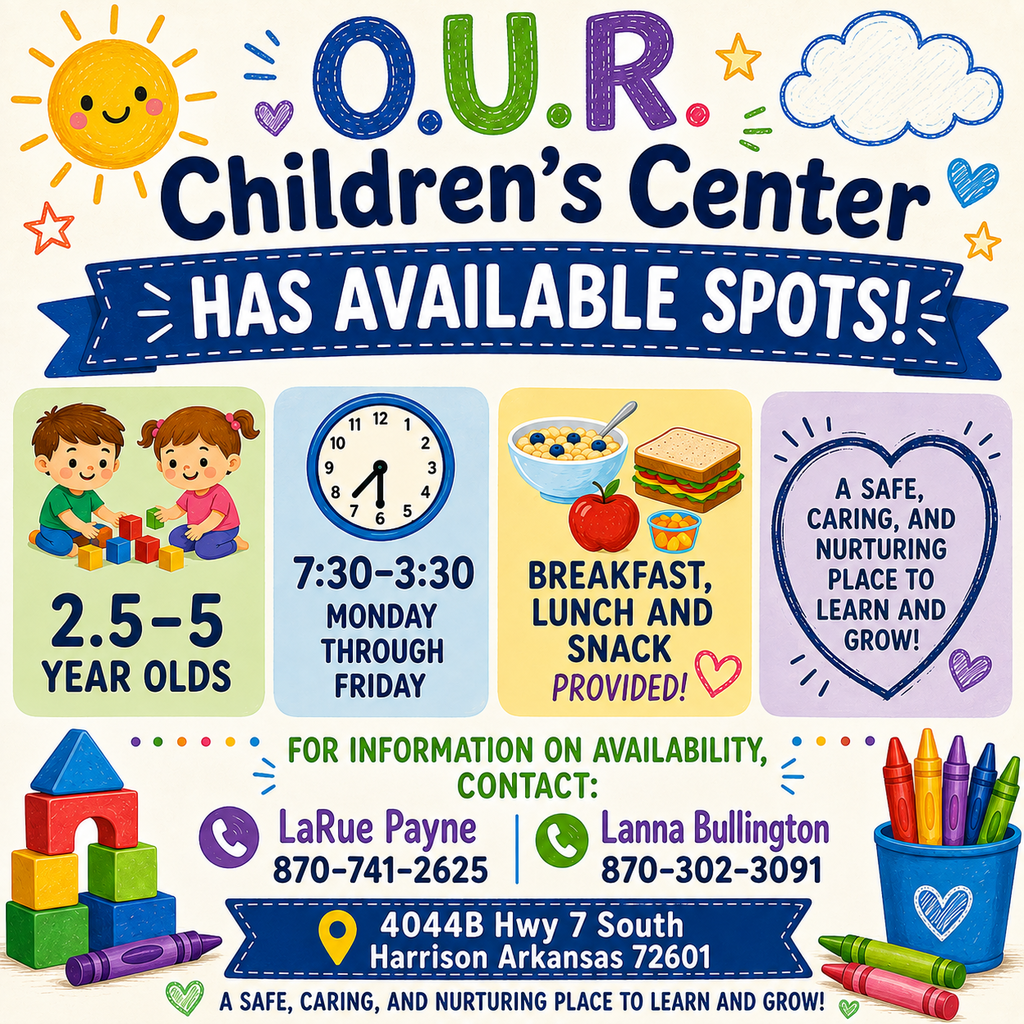 Flyer for O.U.R. Children's Center preschool enrollment availability