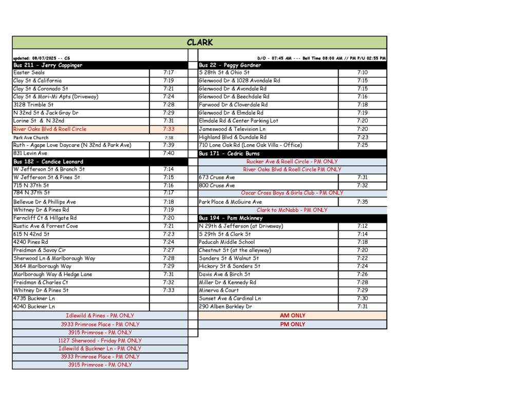 Clark Elem Bus Routes