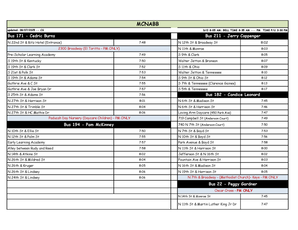 McNabb Elem Bus routes