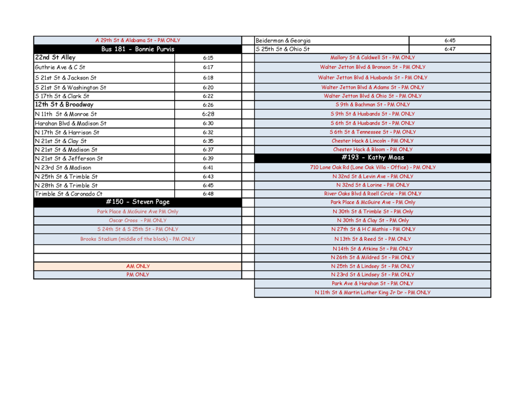 Paducah Middle Bus Routes