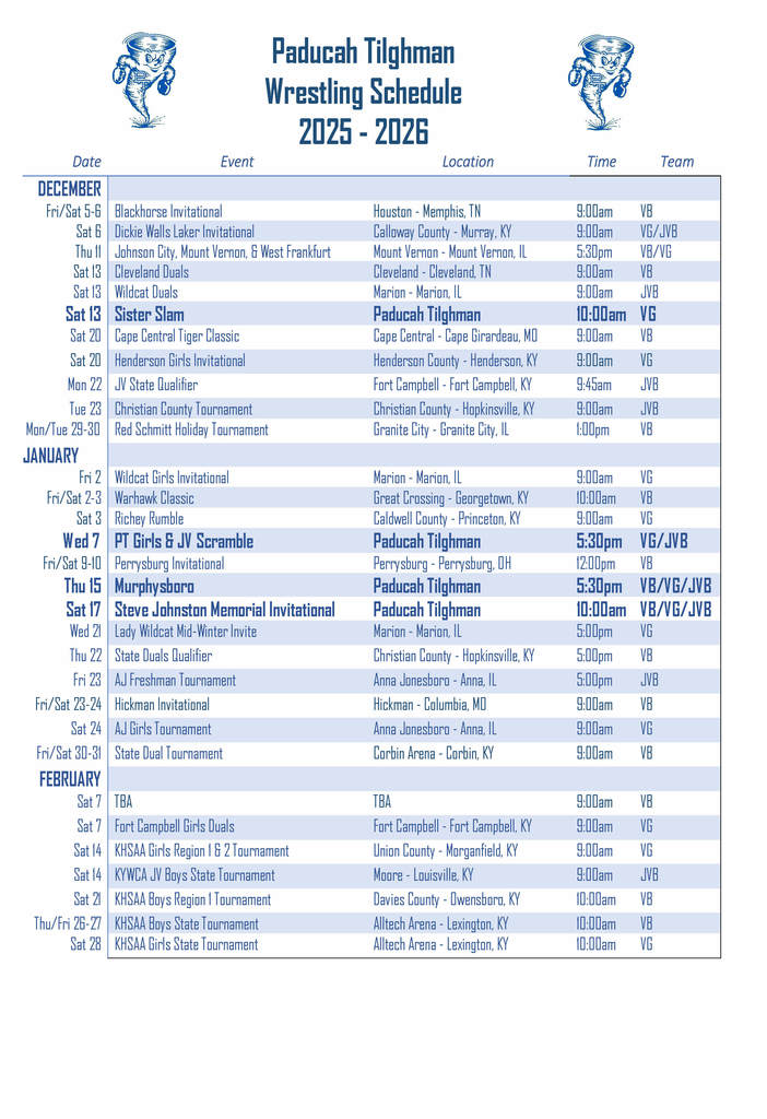 PTHS Wrestling Schedule 2025-26