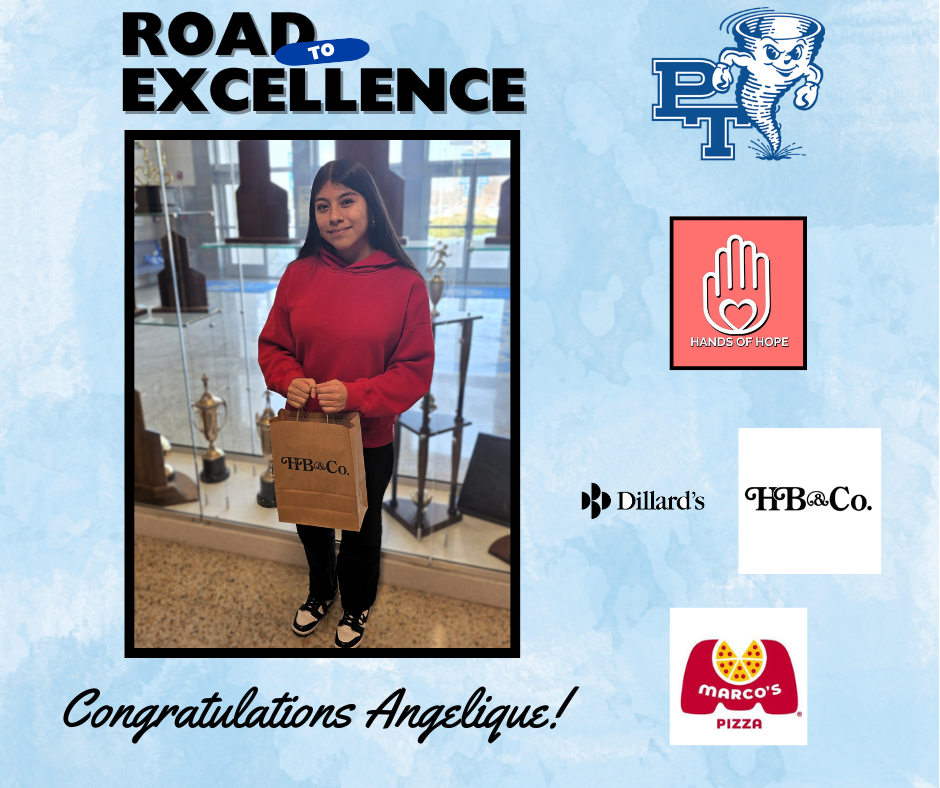 A person in red holding a bag stands inside a room with trophies and awards. Logos and text read "Road to Excellence", "Dillard's", "FFB Co.", and "Pizza".